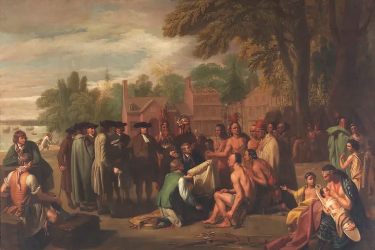 Benjamin West's "Penn's Treaty with the Indians." Oil on Canvas. 1771-1772. According to the Morrises, Anthony Morris Sr is one of the merchants with a cane gathered around Penn. Recent research has thrown light on the little known history of enslaving people among Quakers.
