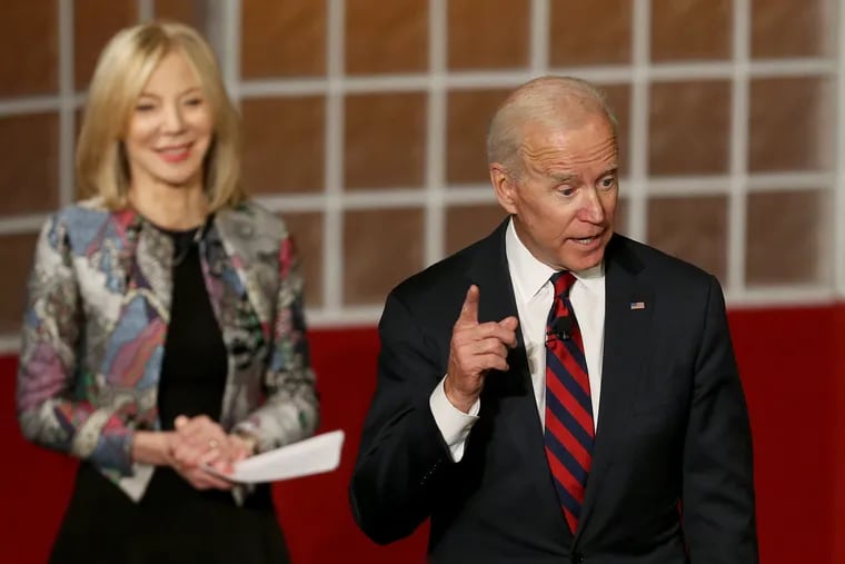 University of Pennsylvania president Amy Gutmann listens as former Vice President Joe Biden answers a submitted question at the university's Irvine Auditorium in Philadelphia on Tuesday, Feb. 19, 2019. Biden is the Benjamin Franklin presidential practice professor at Penn.