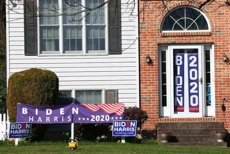 A house with Biden-Harris campaign signs on Friday in Bethlehem, Pa., in Northampton County. The county was one of three in Pennsylvania that swung from Obama to Trump in 2016, and one of two that swung back to Biden in 2020.