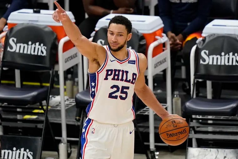 Sixers guard Ben Simmons (25) directs his team in the second half against the Utah Jazz.