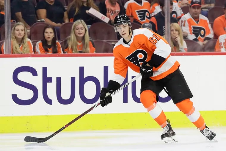 Flyers defenseman Phil Myers, shown in a preseason game, made his NHL debut Sunday in Detroit.