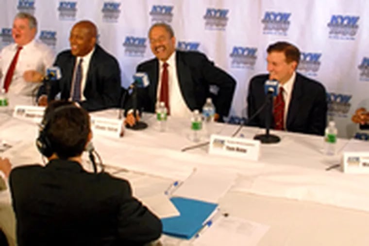 Prior to their first live broadcast debate, the big-five Democratic mayoral candidates were all smiles. At the KYW studio are from left: Bob Brady, Dwight Evans, Chaka Fattah, Tom Knox and Michael Nutter.
