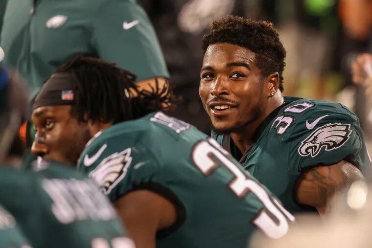 Late in the fourth quarter Eagles running back Corey Clement looks at the scoreboard and breaks into a smile as the Ealges defeated the Giants on Thursday October 11, 2018. MICHAEL BRYANT / Staff Photographer