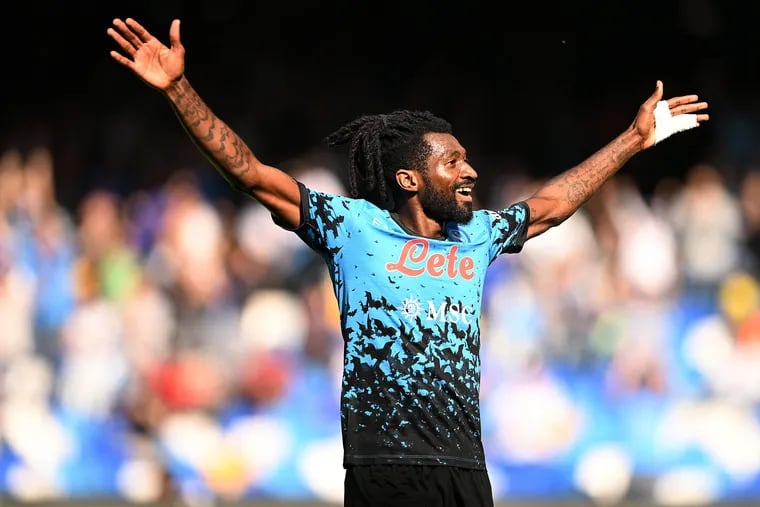 Andre Zambo Anguissa of SSC Napoli celebrates after scoring the second goal for his team during the Serie A match between SSC Napoli and Torino FC at Stadio Diego Armando Maradona on October 01, 2022 in Naples, Italy. (Photo by Francesco Pecoraro/Getty Images)