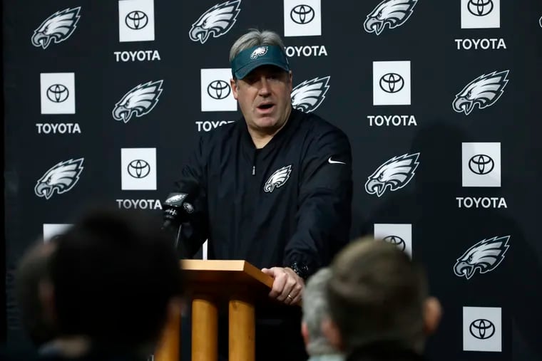 Philadelphia Eagles head coach Doug Pederson speaks with members of the media during a news conference at the team's NFL football training facility in Philadelphia, Wednesday, Jan. 2, 2019. (AP Photo/Matt Rourke)