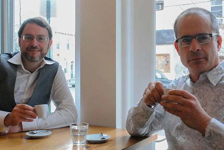 British coffee blogger Brian Williams and Greg Cohen share an espresso at Ultimo Coffee on March 7, 2014. ( GABRIELA BARRANTES / Staff Photographer )