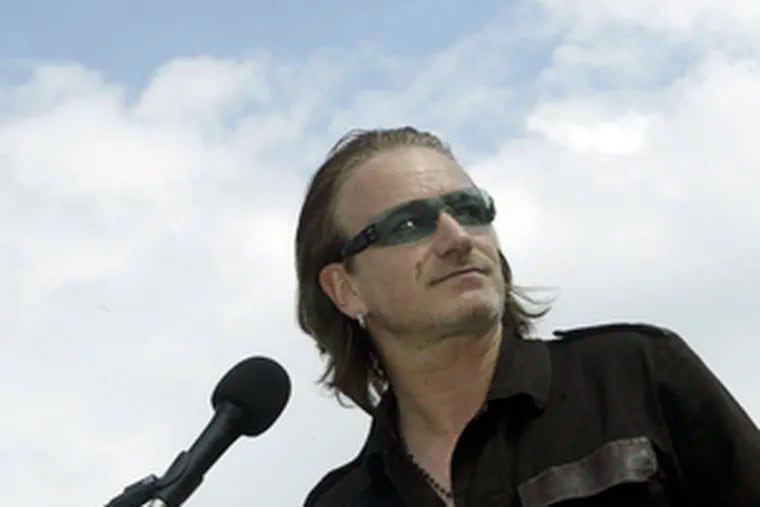 Bono, lead singer of the band U2, raising awareness of problems in Africa at an Independence Mall rally in May 2004. He and a charity he co-founded, DATA, will share this year&#0039;s Liberty Medal.