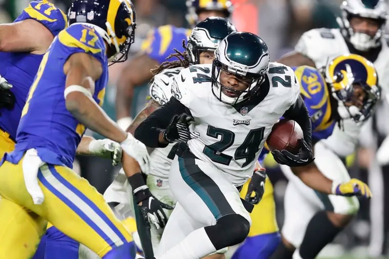 Eagles free safety Corey Graham runs back a third-quarter interception against the Los Angeles Rams on Sunday, December 16, 2018 in Los Angeles.