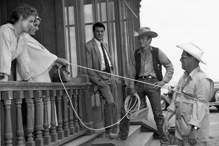 On the set of “Giant,” from left to right: Mercedes McCambridge, Elizabeth Taylor, Rock Hudson, James Dean, and director George Stevens.
