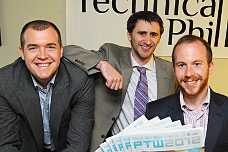 Technically Philly cofounders (from left) Christopher Wink, Sean Blanda, and Brian James Kirk, with copies of the guide for Philly Tech Week’s events. CLEM MURRAY / Staff Photographer