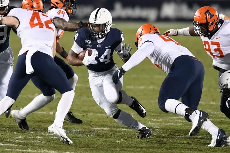 Penn State running back Keyvone Lee (24), shown in a  Dec. 19 game last season against Illinois, appears to have the inside track to be the No. 1 back in spring practice. (AP Photo/Barry Reeger)
