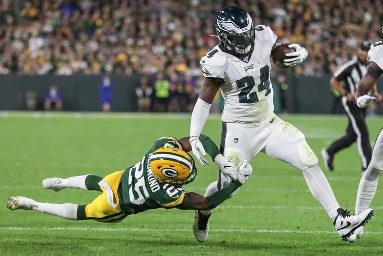 Eagle running back Jordan Howard runs for a big gain last week against Green Bay. He had 15 carries against the Packers. He might not get that many against the Jets Sunday.