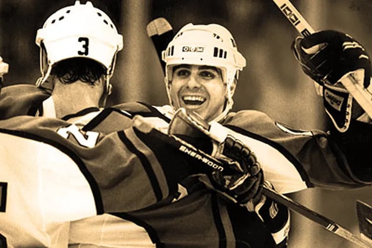 Flyers defenseman J.J. Daigneault celebrates his momentous goal that forced Game 7 in the 1987 Finals against Edmonton.