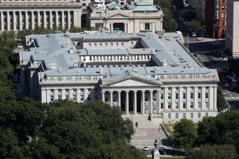The U.S. Treasury Department building viewed from the Washington Monument in Washington.