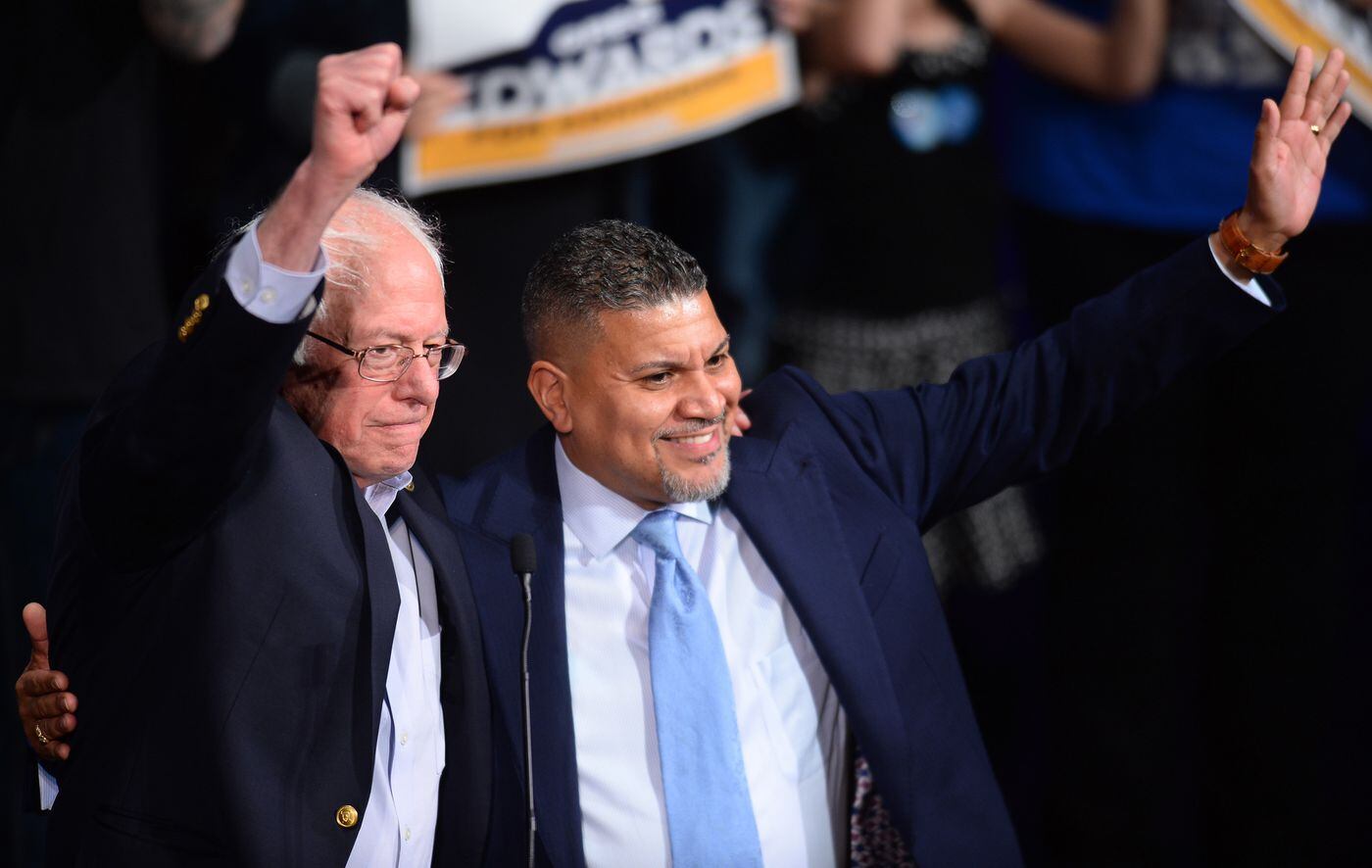 U.S. Sen. Bernie Sanders (left) and Greg Edwards, a Democrat running for Congress in the Seventh District, in Allentown on Saturday.