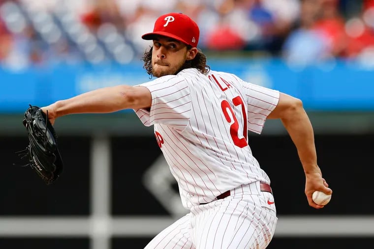 Phillies pitcher Aaron Nola throws a first inning pitch against the Detroit Tigers on Monday, June 5, 2023 in Philadelphia.