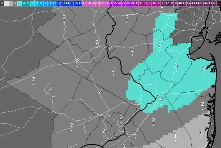 This map shows forecast snowfall totals for the Philadelphia region this weekend.