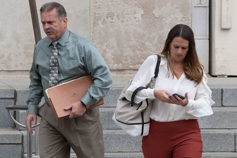 Former Police Chief Frank Nucera Jr. and his daughter exit U.S. District Court for the District of New Jersey on Thursday, Sept. 26, 2019. The jury continues to deliberate as the trial continues for the ex-Bordentown police chief, accused of hate-crime assault.