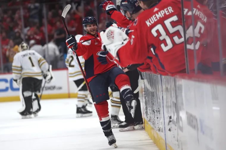 Nic Dowd #26 of the Washington Capitals celebrates after scoring a goal against the Boston Bruins during the third period at Capital One Arena on April 15, 2024 in Washington, DC.