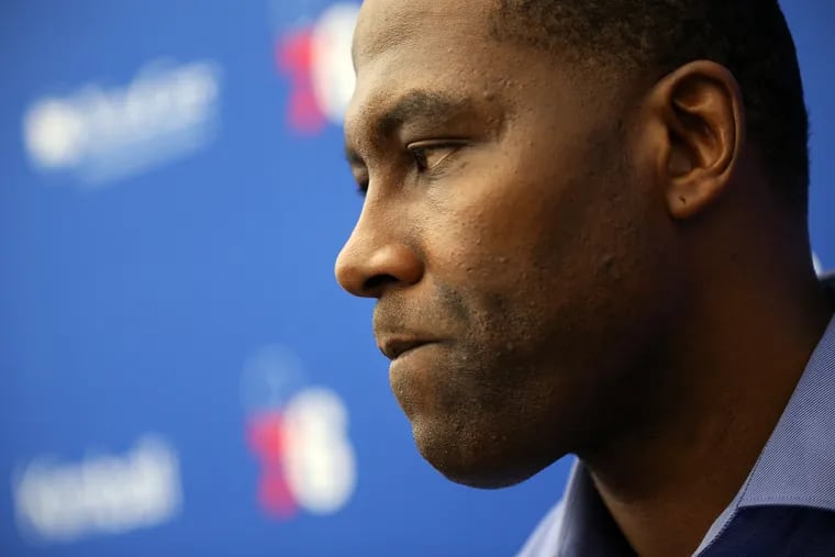 General manager Elton Brand talks to reporters after a pre-draft workout at the Sixers Training Complex in Camden, N.J., on Tuesday, June 18, 2019.