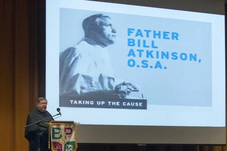 Longtime friend of Father Atkinson and fellow priest from the Order of Saint Augustine, Father Frank Horn speaks at a community meeting at Monsignor Bonner and Archbishop Prendergast High School to discuss Father Bill&#039;s cause for sainthood May 23, 2017. Father Bill Atkinson, a former teacher at Bonner, who died in 2006 is being proposed for sainthood by Archbishop Chaput.