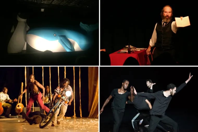 (From upper left corner clockwise): Homemade yet international at Philly Fringe 2017: Penguin and whale in “A Billion Nights on Earth”; Bob Weick in “Marx in Soho”; the cast of “A Love Supreme”; and the cast of “Declassified Memory Fragments.”