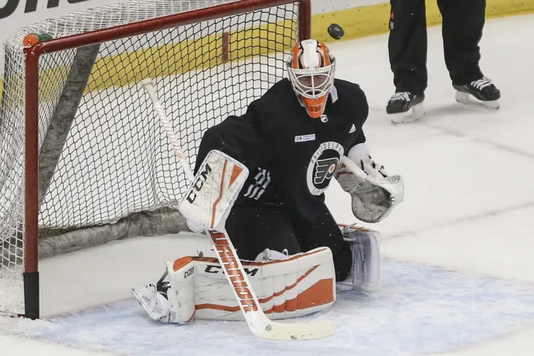 Philadelphia Flyers goalie Brian Elliott at work during practice ahead of Game 2 of their playoff series against the Penguins in Pittsburgh.