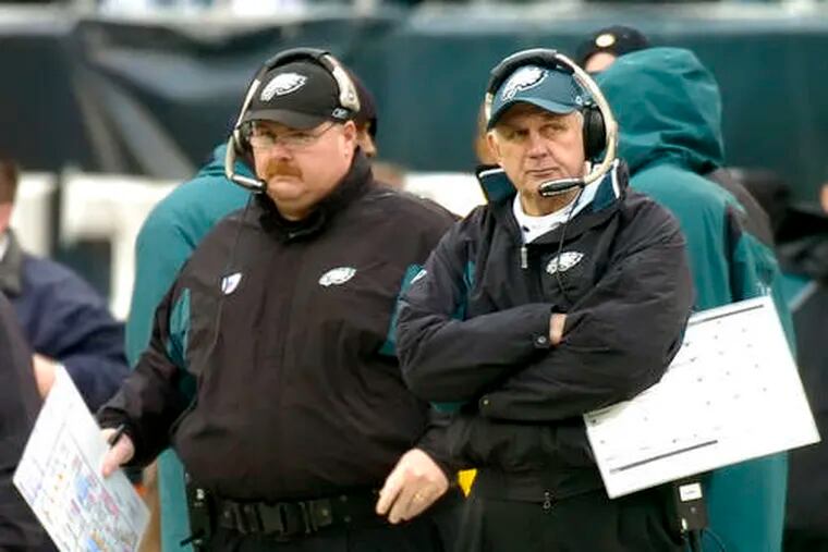 Eagles head coach Andy Reid (right) and defensive coordinator Jim Johnson watching as the Birds lost to the Bengals in 2005. Johnson said then that "things just don't bother [Reid]. Or if they do, he doesn't show it. He's just an excellent sideline coach."
