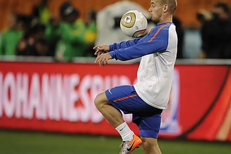 Netherlands' Wesley Sneijder at practice Saturday. The Netherlands will play Spain in the World Cup final. (AP Photo/Martin Meissner)