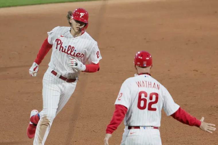 Alec Bohm rounds third base after hitting a home run for the Phillies in the sixth inning  against the  Mets.