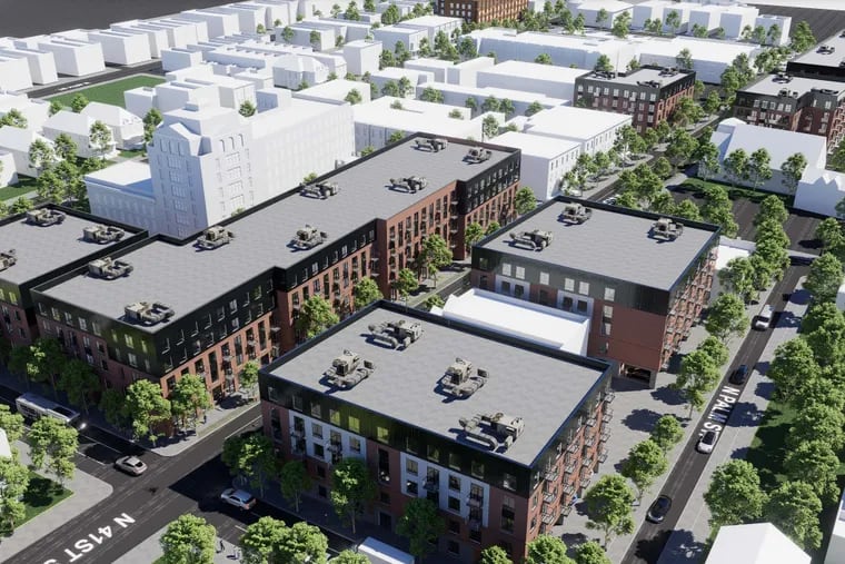 Aerial rendering of all the proposed apartment buildings from Haverford Square Properties LLC, which would replace some expiring-subsidy affordable houses in West Philadelphia's Belmont neighborhood.