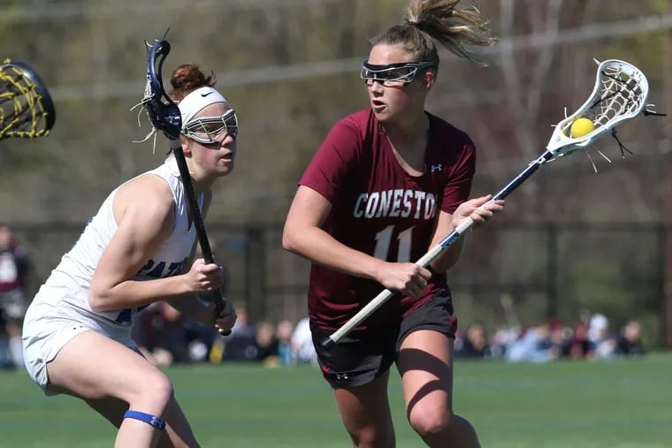 Conestoga's Sondra Dickey controls the ball as she is defended by Great Valley's Maggie Flynn during a nonleague game. Dickey scored two goals for the Pioneers.