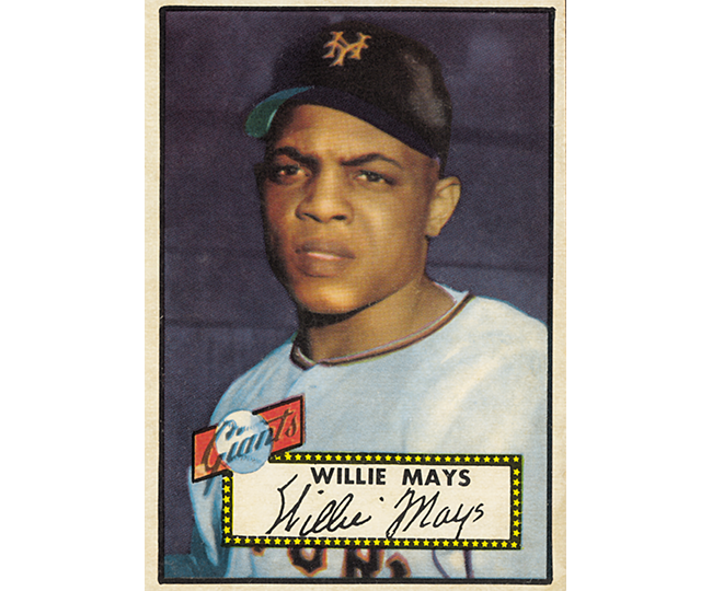 Willie Mays' 1952 Topps baseball card. Topps began putting statistics on the backs of their cards that season.