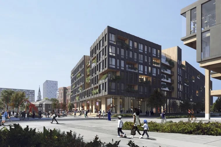 Artist's rendering of a proposed residential building, with retail stores on street level, in the Navy Yard's Historic Core section.