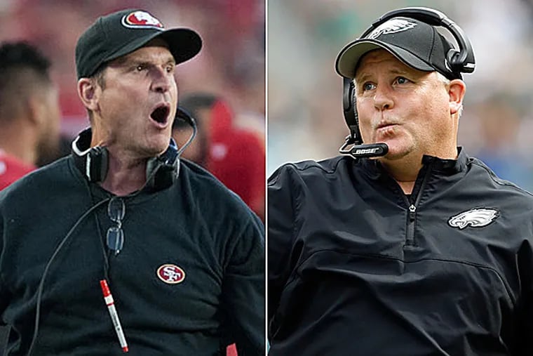 49ers head coach Jim Harbaugh and Eagles head coach Chip Kelly. (USA TODAY Sports and Staff Photos)