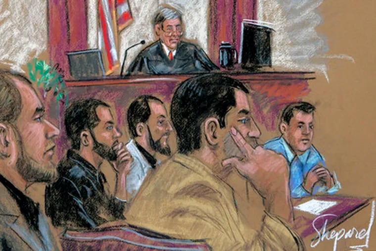 Judge Robert B. Kugler presides over the trial of defendants (from left) Shain Duka, Eljvir Duka, Dritan Duka, Serdar Tatar and Mohamad Shnewer in this artist&#0039;s sketch from October.