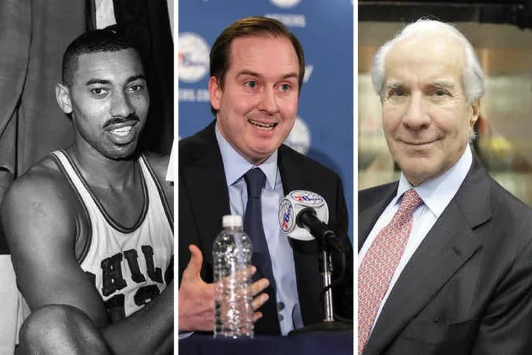 Should we rename the Wells Fargo Center after a prominent Philadelphian? Readers suggest (from left) Wilt Chamberlain, Sam Hinkie and Ed Snider.