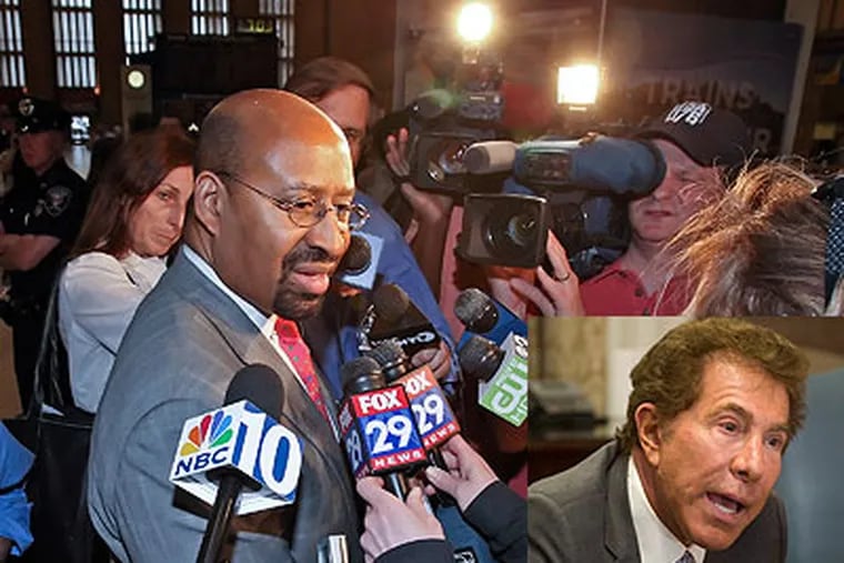 Mayor Michael Nutter addresses the media at 30th Street Station Thursday after casino mogul Steve Wynn (inset) pulled out of the Foxwoods project. The reason remains vague and Nutter said he was "stunned" by Wynn's decision. (Steven M. Falk / Staff Photographer)