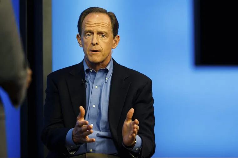 Sen. Pat Toomey takes part in a TV town hall at ABC 27’s studio in Harrisburg on July 5.