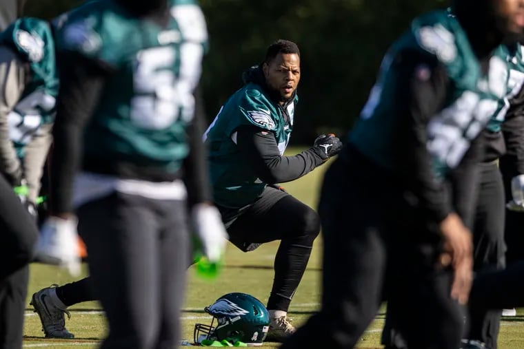 Philadelphia Eagles Ndamukong Suh (74), during warmups at practice at the Novacare Sports Complex in Philadelphia, Pa., on Thursday Nov. 18, 2022.
