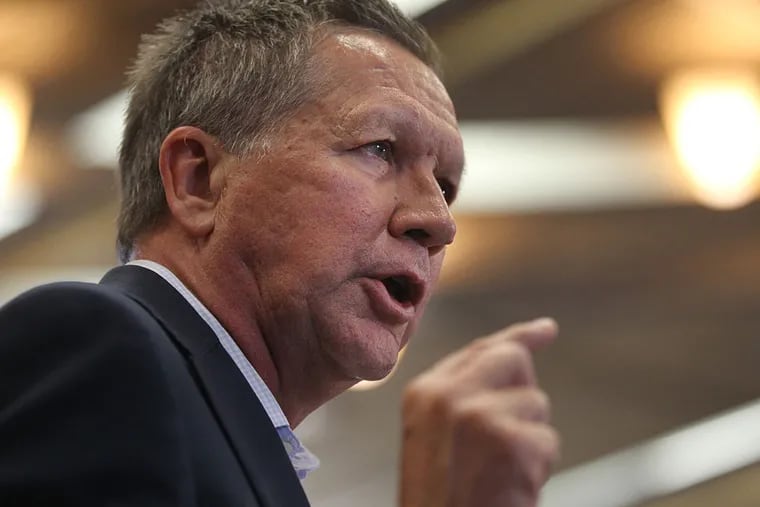 Gov. John Kasich speaks at an event that drew about 800 to Villanova University. Ohio was his first primary victory, but he said the campaign was moving to states more favorable to him.
