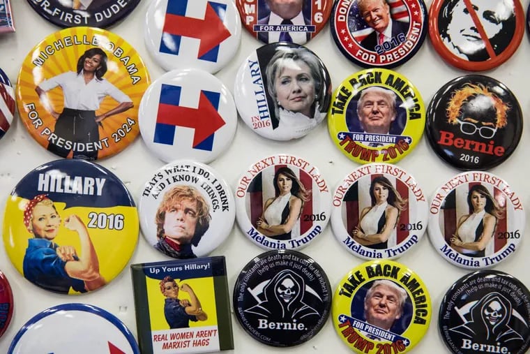 Campaign buttons from the 2016 presidential election on display at the 15th annual East Coast collectors of political buttons, badges, ribbons and related ephemera swap in Titusville, NJ at the Titusville United Methodist Church on Saturday, April 28, 2018.
