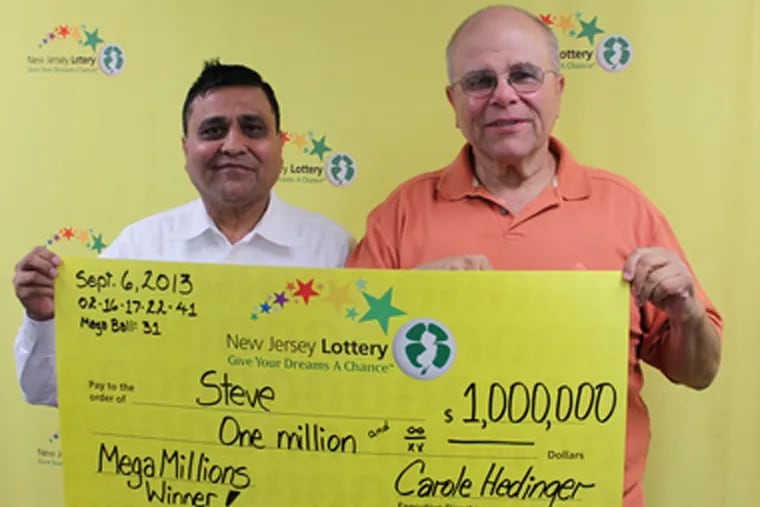 Steven Ontell (right) of Passiac, N.J., hit for $1 million in Mega Millions on Sept. 6, 2013, after also winning $250,000 and $40,000. With him is  Bharat Shah, the retailer who sold the ticket.