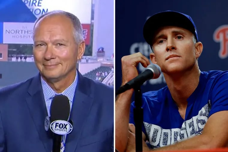 Braves TV announcer Joe Simpson (left) was mocked over his bizarre rant about Dodgers second baseman Chase Utley's batting practice attire.