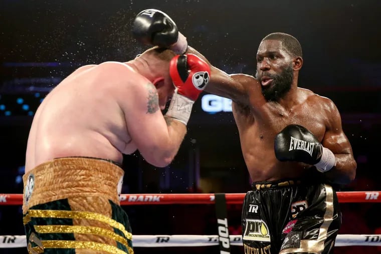 Philadelphia heavyweights Joey Dawejko, left, and Bryant Jennings fight during the Top Rank Boxing event at the Liacouras Center on Saturday, April 28, 2018. Jennings defeated Dawejko for the Pennsylvania Heavyweight Title.