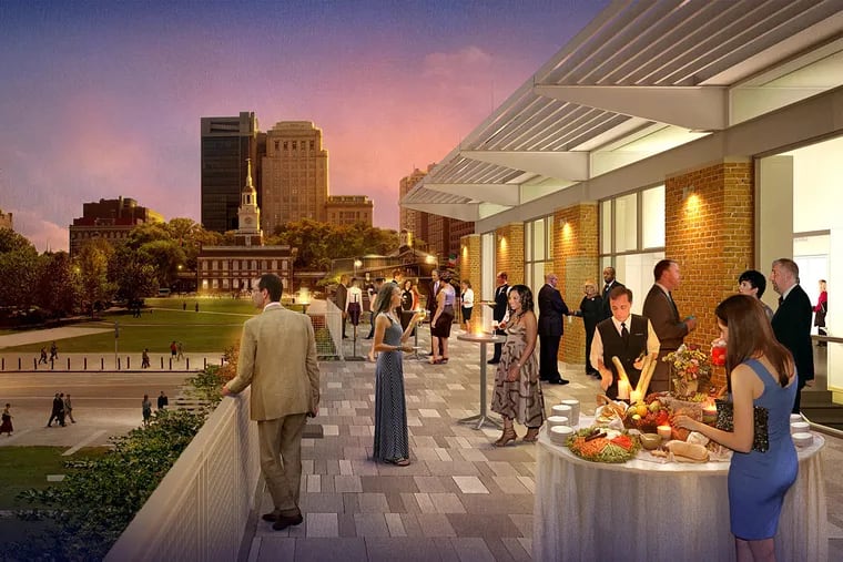 Artist’s rendering of nighttime view of new second-floor terrace after planned renovations of Center City’s Independence Visitor Center.