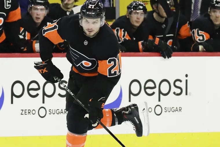 Flyers left winger Scott Laughton skates with the puck against the Vegas Golden Knights on Saturday. He entered Tuesday tied with Wayne Simmonds with a team-high-high three goals.