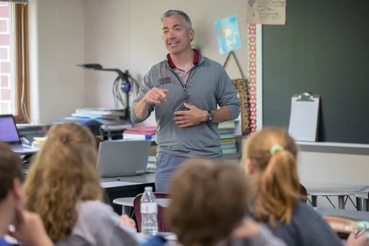 Ed McCallion teaches an eighth grade health at class at Radnor Middle School, Wednesday May 8, 2019
