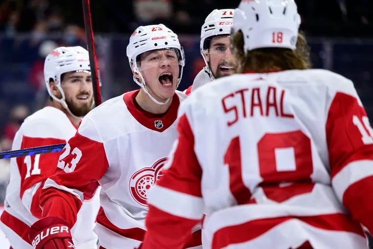 Lucas Raymond (23) is one of the young players the Red Wings acquired via a high draft pick that looks poised to be a building block for the future.
