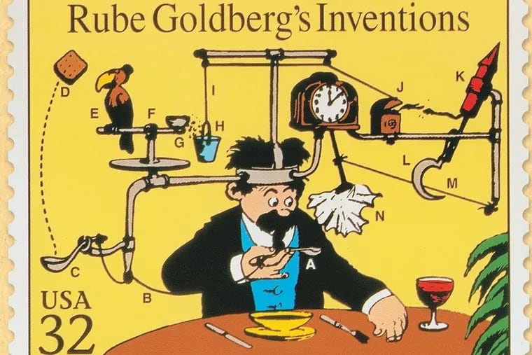 Rube Goldberg, Professor Butts Invention Drawing (Postage Stamps), 1929. Ink on paper. Artwork Copyright © Rube Goldberg Inc.